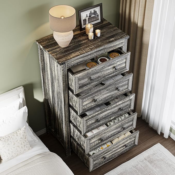 BORNOON Tall 5-Drawer Dresser, Modern Wooden Storage Chest of Drawers, Dresser TV Stand, Wood Drawer Organizer with Metal Handles for Bedroom, Living Room, Hallway