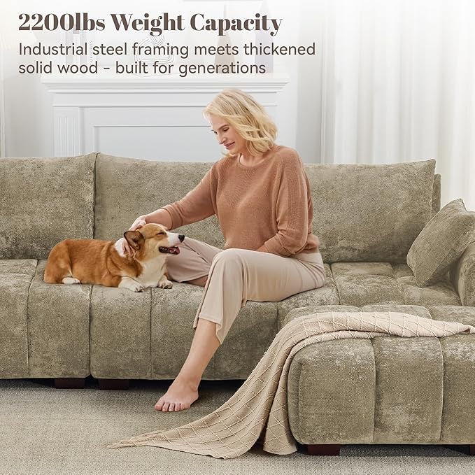 143" Oversized U Shaped Couch, Large Chenille Cloud Couch with Two Movable Ottomans, Memory Foam and Solid Wood Legs, Mid Century Modern Modular Sectional Couches for Living Room, Tufted Sofa, Brown