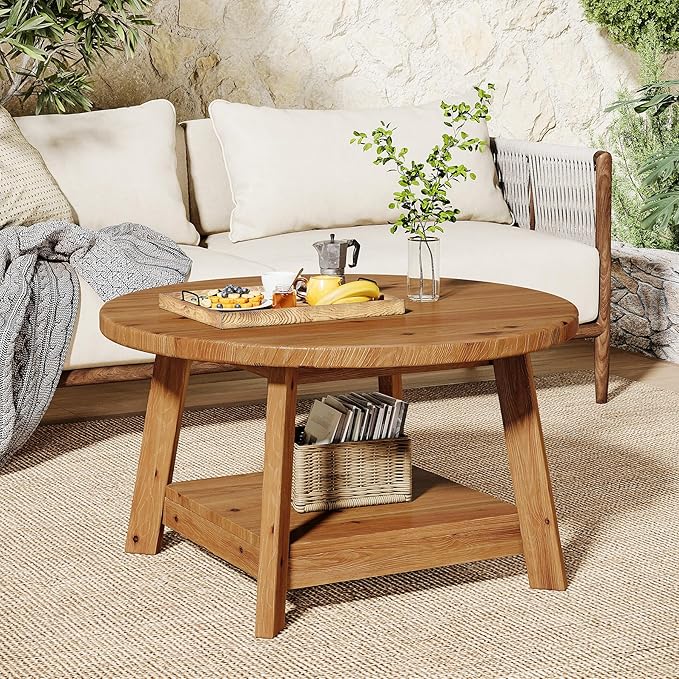 Solid Wood Round Coffee Table for Living Room, 31.5” Farmhouse Wooden 2-Tier Circle Center Cocktail Accent Table with Storage Shelf and Tapered Legs for Apartment, Small Space, Brown