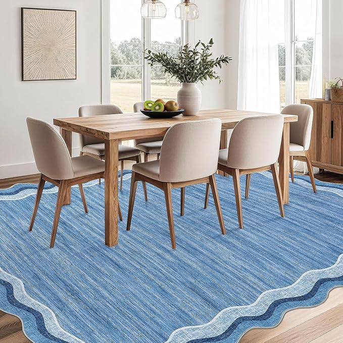 Garvee Scalloped 10x13 Area Rugs for Living Room Large Washable Rugs,Neutral Solid Rug Stain Resistant Non Slip Floor Mat Carpet Indoor Accent Rug for Bedroom Dining Room Playroom Home Decor,Blue