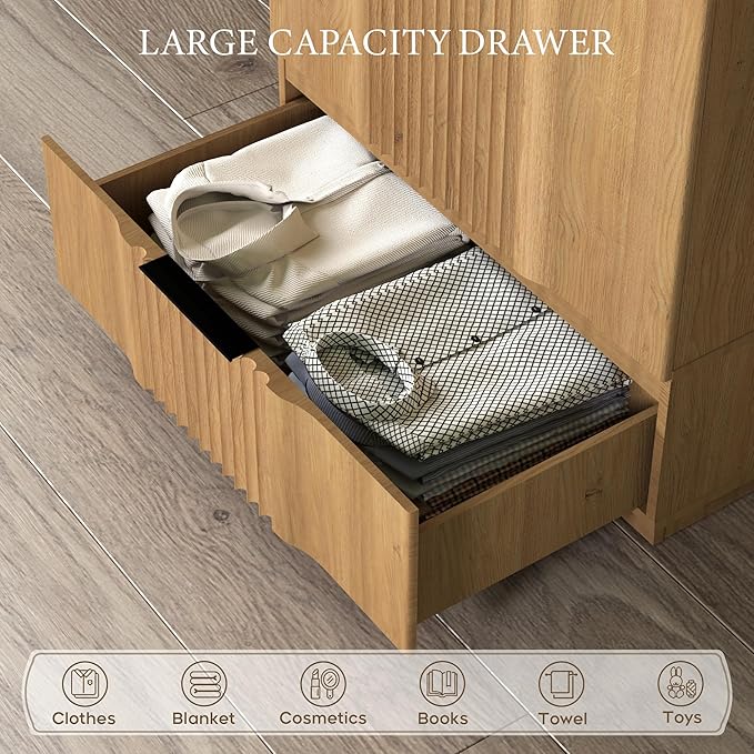 Brafab 67" Fluted Armoire Wardrobe Closet with Drawers and Doors, Wooden Wardrobe Cabinet with Adjustable Shelves, Modern Storage for Clothes, Coats for Bedroom,Natural Wood (1 pcs)
