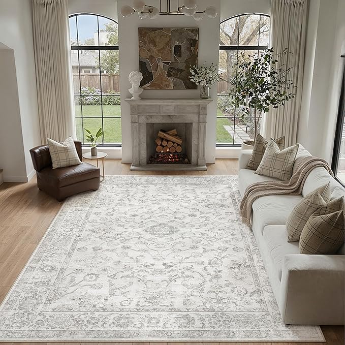 8x10 Grey Washable Area Rug for Living Room Bedroom Neutral Soft Floral Non Slip Large Throw Rug Lightweight Vintage Low Pile Distressed Carpet Office Playroom Dining Room Home Decor