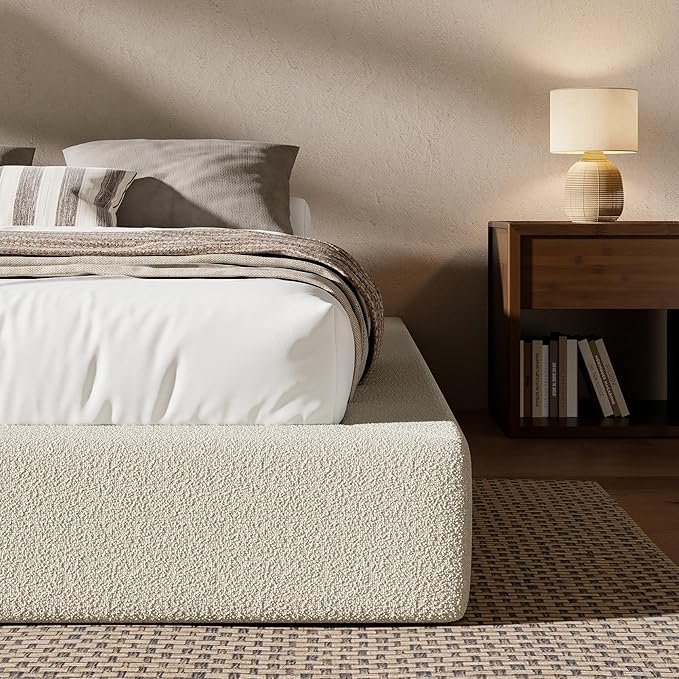 RECCI AirFrame King Size Bed Frame, Cloud Upholstered Platform Bed Frame, 5 Inch Fully Boxy Foam Cushioned, Square Shape Base, No Box Spring Needed, Easy Assembly | Cream Boucle, Soft Low-Profile