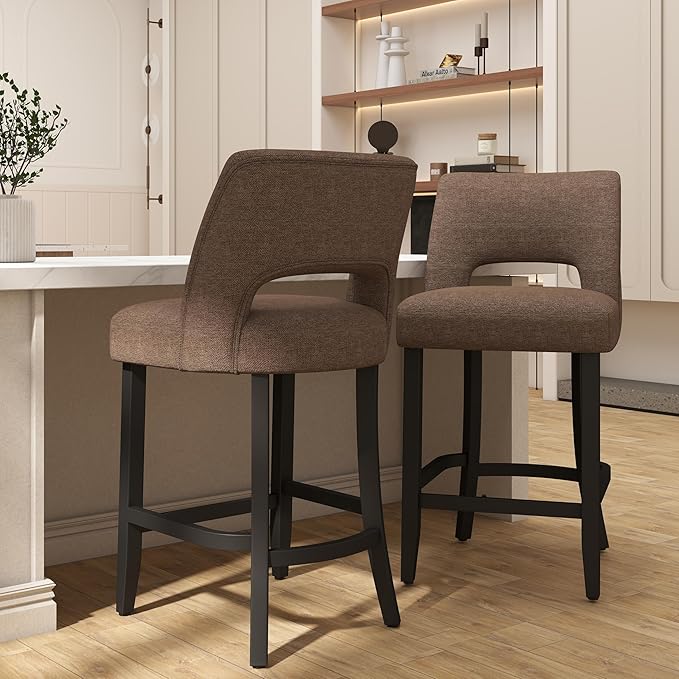 VKNOW Bar Stools Set of 2, 26" Upholstered Counter Height Bar Stools, Modern Counter Stools with Black Legs for Kitchen Island Dining Room Bar, Brown-Black Legs