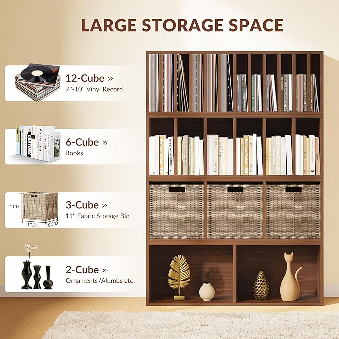 IOTXY DIY Modular Cube Bookcase - CubeXY Customizable Stackable Expandable Combination Set, 23-Cube Open Bookshelf for Books, Fabric Storage Bin, and 7/10-inch Vinyl Record Organizer, Walnut