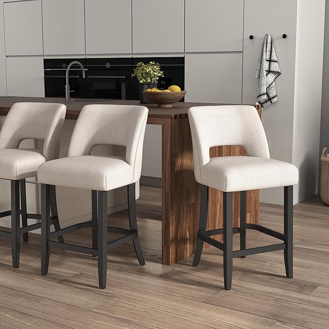 VKNOW Bar Stools Set of 4, 26" Upholstered Counter Height Bar Stools, Modern Counter Stools with Black Legs for Kitchen Island Dining Room Bar, Beige-Black Legs