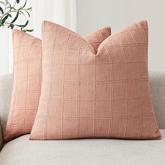Foindtower Set of 2 Decorative Linen Check Throw Pillow Covers Neutral Farmhouse Vintage Cushion Covers Modern Boho Accent Home Decor for Sofa Chair Couch Bedroom Living Room,26×26 Inch,Coral Pink