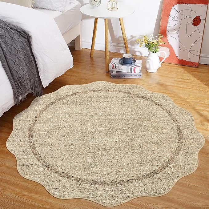 GarveeHome Scalloped Washable Round Rugs, Non-Slip Soft Round Rug 4ft Ultra-Thin, Small Boho Circle Stain Resistant Low Pile Carpet for Entryway Kitchen Bedroom Nursery Bathroom, Jute