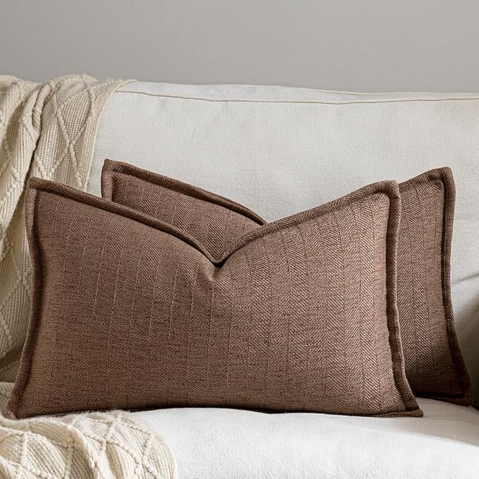 DEZENE 12x20 Linen Pillow Covers Brown Pack of 2 Farmhouse Boho Neutral Accents Striped Textured Rectangular Lumbar Decorative Throw Pillow Cases for Living Room Couch Bed Home Decor