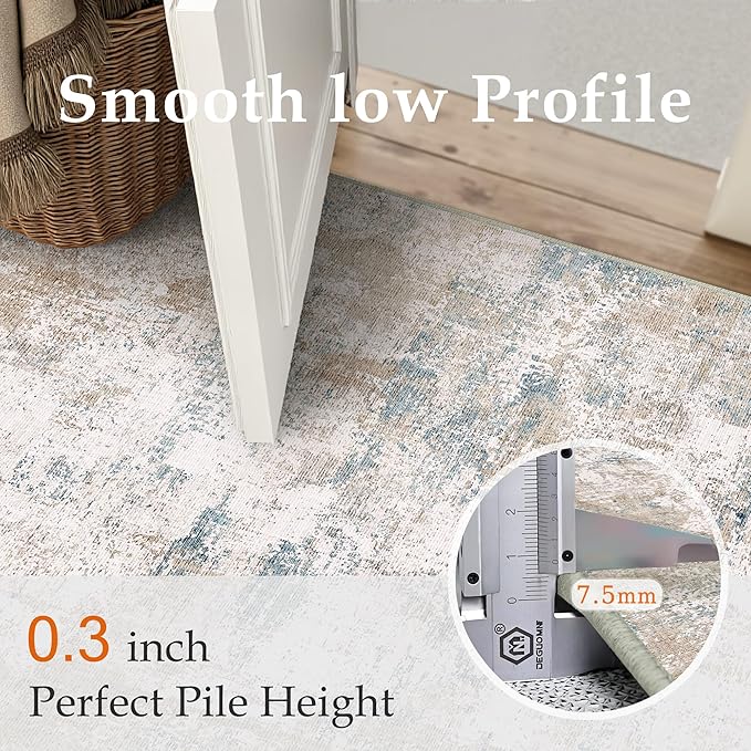 10x14 Washable Area Rug Beige Blue Abstract Non Slip Soft Low Pile Rug for Living Room Bedroom Dining Room Office Neutral Modern Indoor Large Throw Carpet for Home Decor