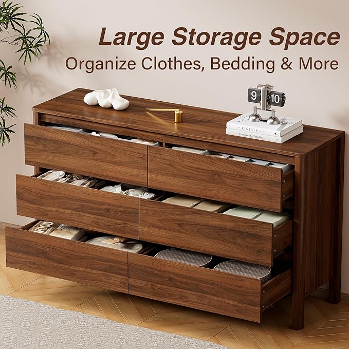 Furniway 55" Mid-Century Modern Dresser for Bedroom, 6 Drawer Wide Chest of Drawers with Solid Wood Legs, Large Storage Bedroom Dresser, Walnut