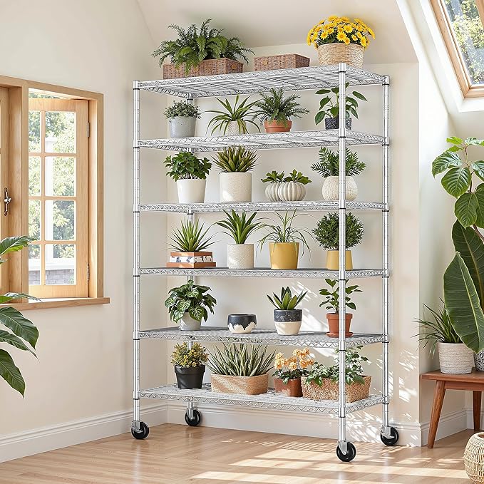 Romorgniz 82" H X45 W X18 D Storage Shelves with Wheels, 6 Tier Wire Shelving Adjustable Metal Shelving Pantry Shelves Capacity 1200LBS for Garage Shelving, Pantry, Kitchen, Closet,Chrome