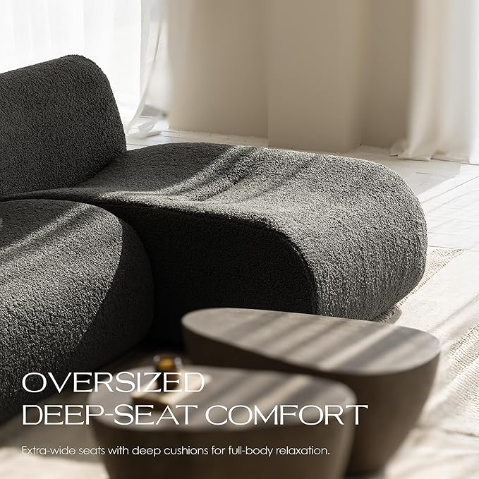 Boneless 3 Seater Sofa with Chaise Set, 92" Modular Sectional Couch, Reversible L-Shaped Couches with Deep Seat, Grey Curved Sherpa Sofas for Small Living Room, Bedroom, Apartment– No Assembly