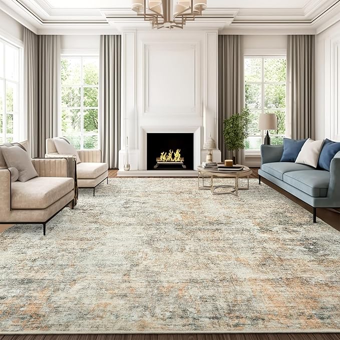 Soalmost 9x12 Area Rugs for Living Room, Non-Slip Machine Washable Vintage Rugs, Abstract Low Pile Lightweight Large Rug for Bedroom, Dining Room, Home Office Orange