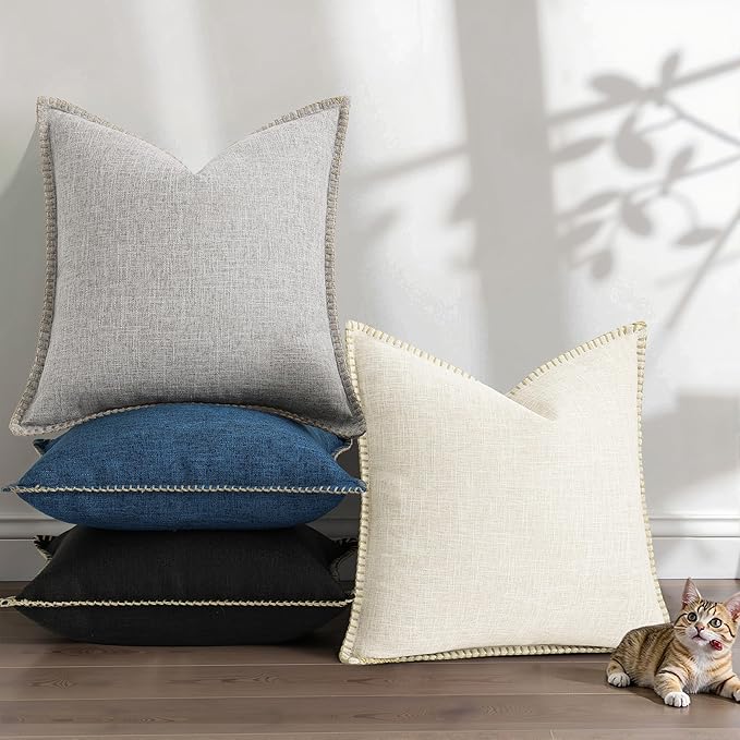 decorUhome Summer Decorative Throw Pillow Covers 16x16 Set of 2 Square Faux Linen Farmhouse Pillow Covers with Stitched Edge Outdoor Neutral Pillow Covers for Couch Sofa Living Room, Cream White