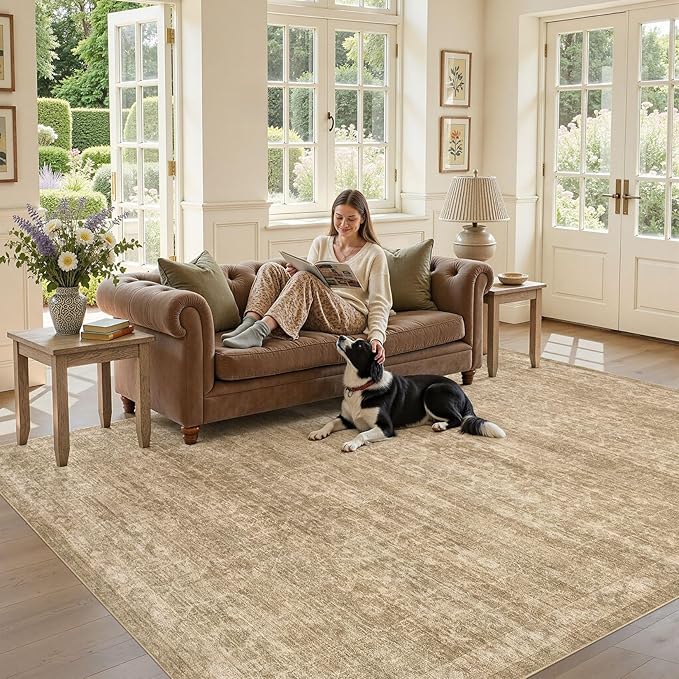 Nakagishi 6x9 Area Rugs Living Room: Washable Large Vintage Rug Neutral Non-Slip Soft Stain Resistant Indoor Carpet for Bedroom Nursery Dining Room Office Playroom - Dark Bown