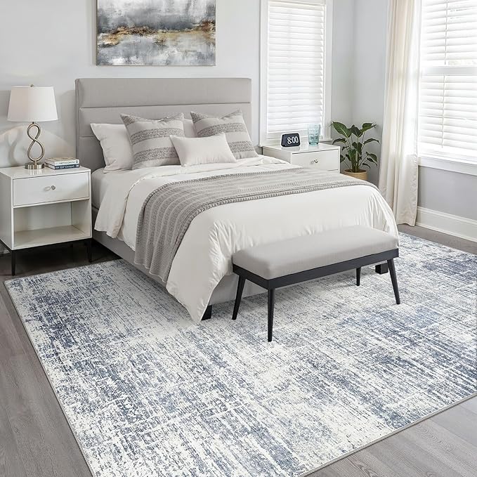 12x18 Rug for Living Room: Washable Large Neutral Blue Area Rug Abstract Soft Modern Stain Resistant Indoor Floor Non-Slip Carpet for Bedroom Nursery Kids Office Playroom Dining Room Under Table Home