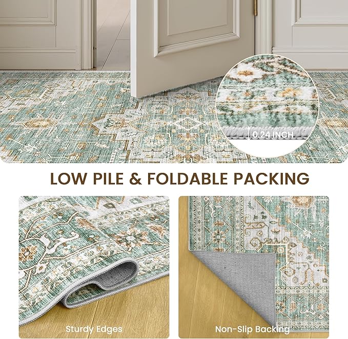 Living Room 10x14 Area Rugs, Washable Area Rug Stain Resistant Carpet Vintage Soft Rugs for Bedroom with Non Slip Backing Indoor Home Decor (10'x 14',Green)