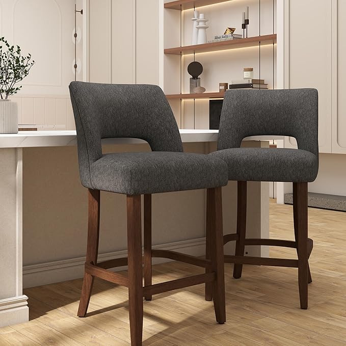 VKNOW Bar Stools Set of 2, 26" Upholstered Counter Height Bar Stools, Modern Counter Stools with Wood Legs for Kitchen Island Dining Room Bar, Charcoal