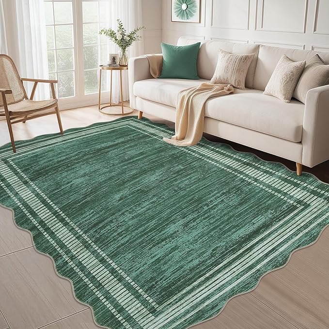 Garvee Scalloped Modern Christmas Area Rug 8x10 Washable Rug for Living Room, Non-Slip Soft Carpet for Bedroom, Scalloped Low-Pile Christmas Print Accent Rug for Dining Room Home Office, Green