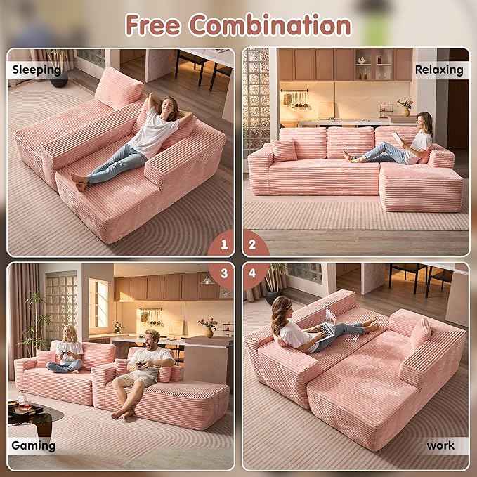 ovios 104" Cloud Boneless Couch with L-Shape Chaise,Modern Sectional Modular Sofa with Deep Seat, Upholstered Couches for Living Room Bedroom,No Assembly Required, Pink (Plush Corduroy Fabric)