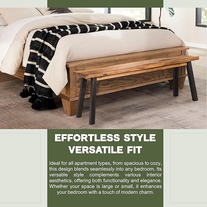 VICTORY RELAX Solid Wood Bench - Minimalist Design, Acacia Wood Construction, Natural top-Black Leg Color, Versatile for Entryway,Living Room,Bedroom & Outdoors,Easy Assembly & Weather-Resistant