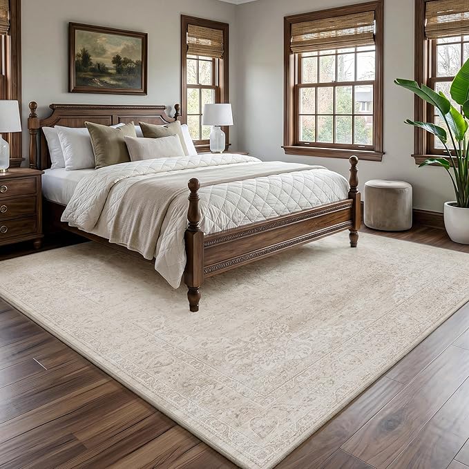 FMFUNCTEX 9x12 Washable Area Rug Neutral Beige Vintage Distressed Oriental Non Slip Low Pile Floral Rug for Living Room Bedroom Cream Traditional Soft Thin Retro Indoor Carpet for Dining Room Office