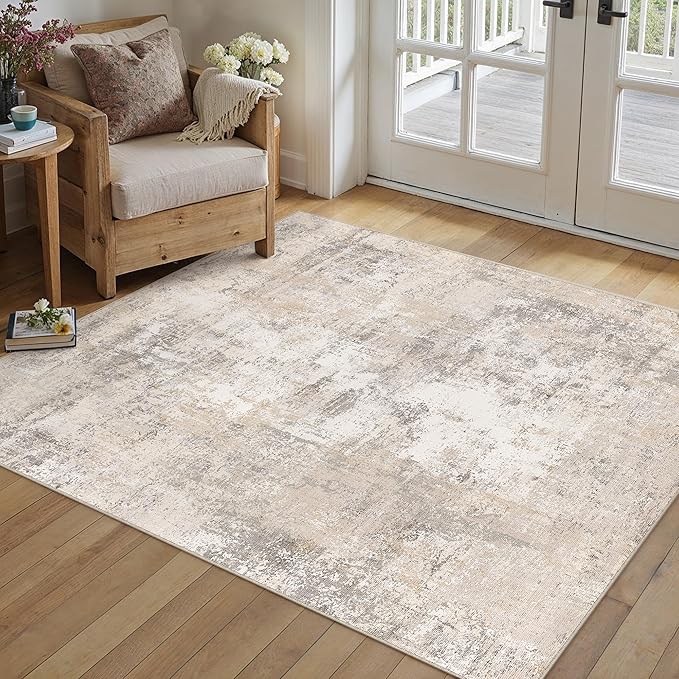 4x5 Washable Area Rug Beige Grey Abstract Non Slip Soft Low Pile Rug for Entryway Kitchen Bathroom Neutral Modern Throw Carpet for Living Room Bedroom Home Decor
