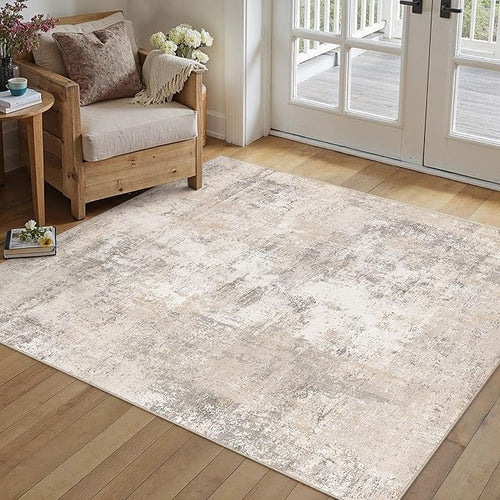 4x5 Washable Area Rug Beige Grey Abstract Non Slip Soft Low Pile Rug for Entryway Kitchen Bathroom Neutral Modern Throw Carpet for Living Room Bedroom Home Decor