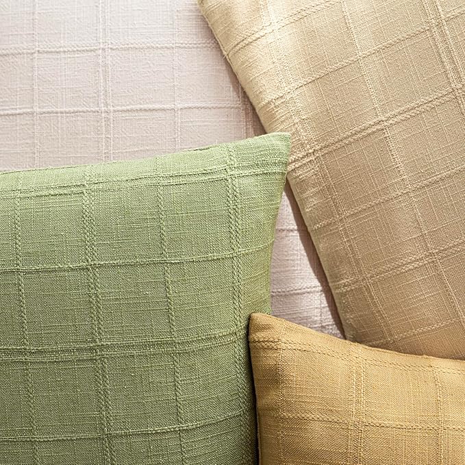 Foindtower Set of 2 Decorative Linen Check Throw Pillow Covers Neutral Farmhouse Vintage Cushion Covers Modern Boho Accent Home Decor for Sofa Chair Couch Bedroom Living Room,20×20 Inch,Light Green