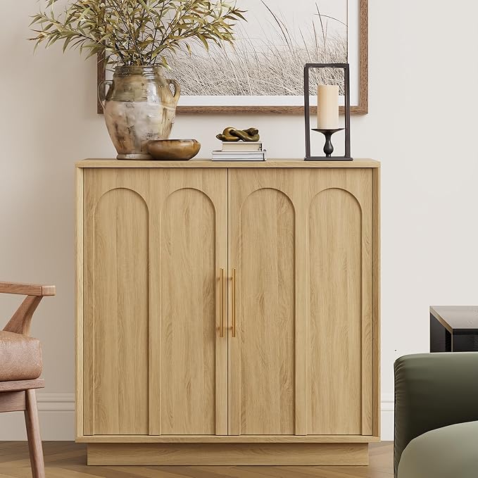 FORTUNETEC Sideboard Buffet Cabinet with Storage Set of 3, Mid Century Modern Accent Cabinet with Arched Doors, Modular Media Console, Credenza for Living Room Kitchen Dining Room Entryway, Oak