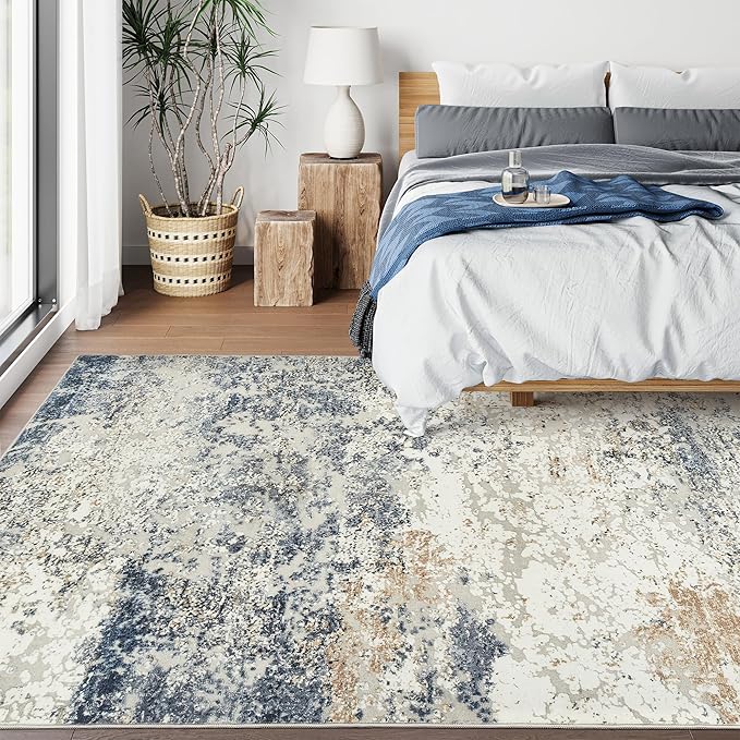 Art&Tuft Washable Rugs 5x7 - Anti-Slip Backing 5x7 Area Rugs for Living Room, Foldable Abstract Washable Area Rug(5'x7', Blue)