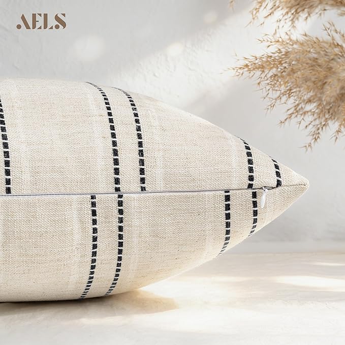 AELS 22x22 Decorative Farmhouse Linen Blend Throw Pillow Covers, Boho Textured Pillow Case, Set of 2, Beige with White & Black Stitch Yarn Dyed Stripe Cushion Cover for Sofa Living Room (Cover ONLY)