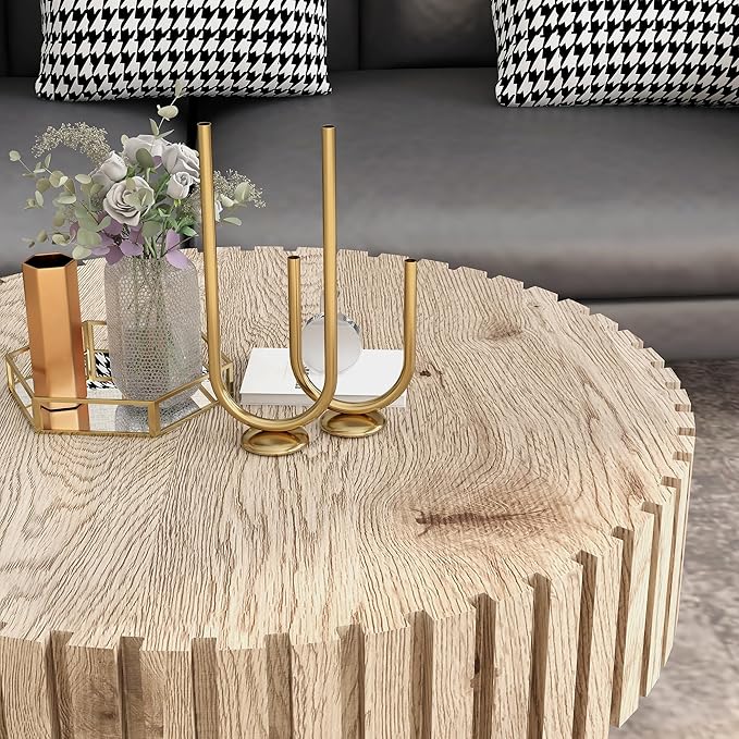 Round Wood Coffee Table for Living Room Modern Rustic Fluted Solid Wood Coffee Table Pedestal Center Table Circle Tea Tables for Apartment Easy Assembly(31.5''Oak Natural)
