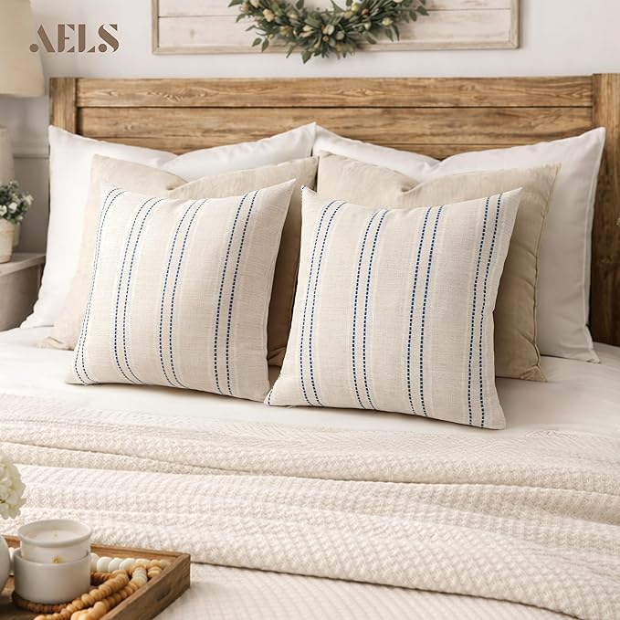AELS 18x18 Decorative Farmhouse Linen Blend Throw Pillow Covers, Boho Textured Pillow Case, Set of 2,Beige with White & Navy Blue Stitch Yarn Dyed Stripe Cushion Cover for Sofa Living Room(Cover ONLY)