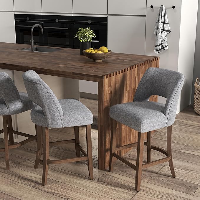 VKNOW Bar Stools Set of 2, 26" Upholstered Counter Height Bar Stools,Modern Counter Stools with Wood Legs for Kitchen Island Dining Room Bar,Fabric Grey