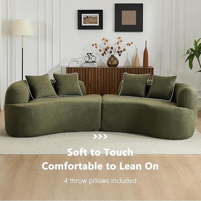 106.7" Modern Curved Oversized Sectional Sofa, Minimalist Modular Cloud Couch with 4 Throw Pillows, Luxury 4-Seater Extra Deep & Wide Seat Sofa in Soft Teddy Fabric, Olive Green
