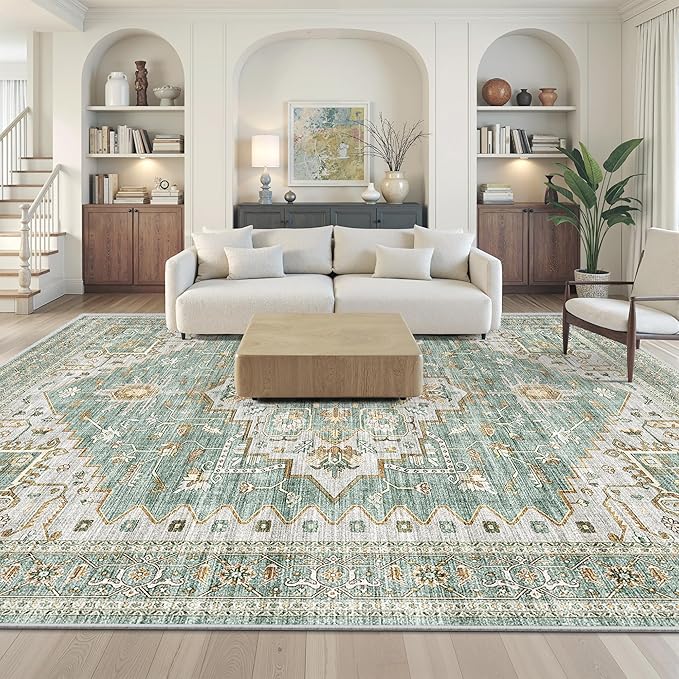 Area Rugs for Living Room - 9x12, Boho Non-Slip Low Pile Carpet Machine Washable Rugs for Bedroom, Farmhouse, Office, Dining Room (Green)