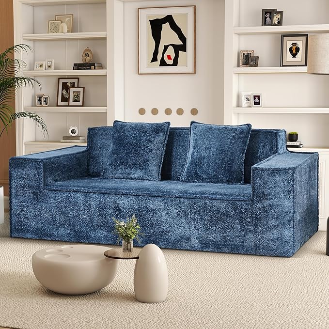 77'' Modern Cloud Loveseat Sofa in Chenille, Deep Seat Boneless Couches Includes 2 pcs Pillows for Living Room, Bedroom, Apartment(Blue)