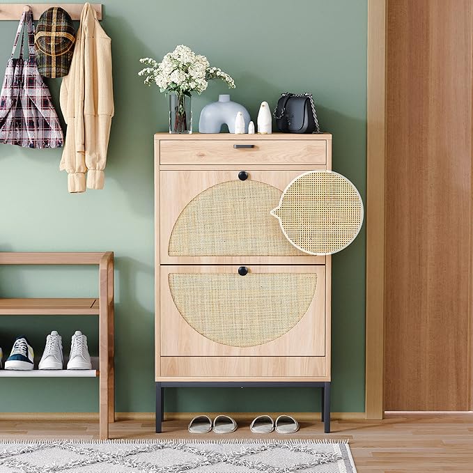 Yechen Shoe Rack Storage Organizer with 2 Natural Semi-Circular Rattan Doors, Entryway Wooden Shoe Cabinet for Sneakers, Leather Shoes, High Heels, Slippers (1 Piece, Oak)