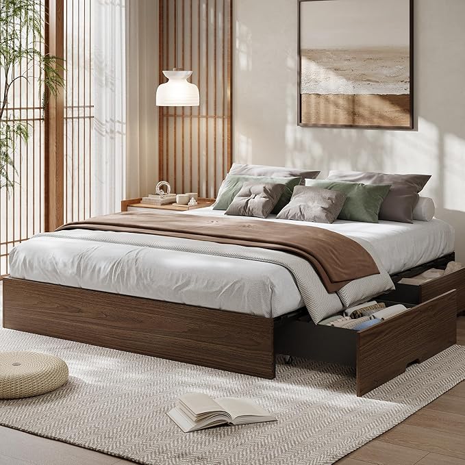 GarveeHome Full Size Wood Platform Bed Frame with 2 Storage Drawers, Wooden Bed Frame Without Headboard, Wood Slat Support, No Box Spring Needed, Easy Assembly