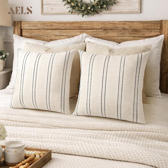 AELS 24x24 Decorative Farmhouse Linen Throw Pillow Covers, Boho Textured Pillow Case, Set of 2, Beige with White & Black Stitch Yarn Dyed Stripe Cushion Cover for Sofa Couch Living Room (Cover ONLY)
