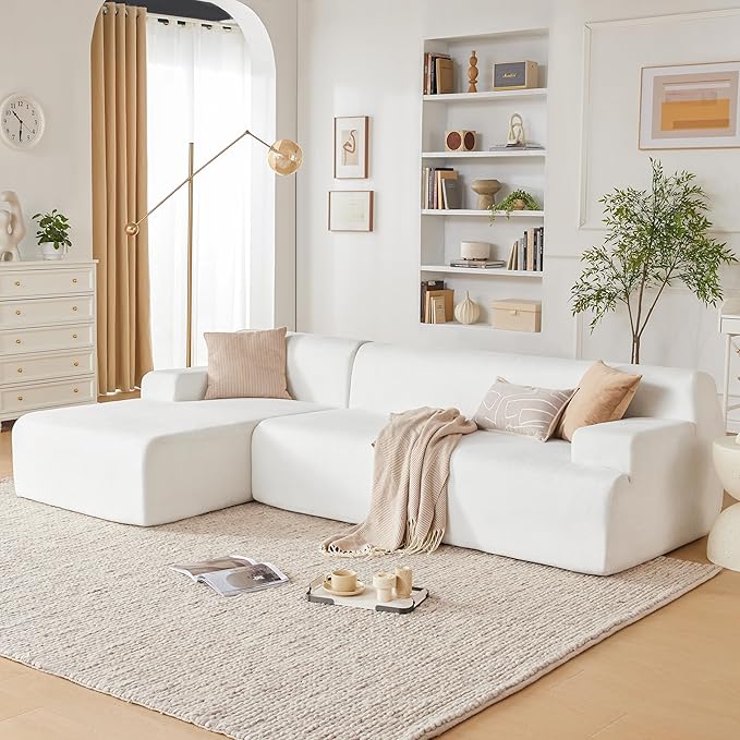 Weture 107" Modular Sectional Cloud Couch, Boneless couches Sponge sectionals for Living Room, High Density Sponges Sofa, Modular L-Shape with Chaise, White