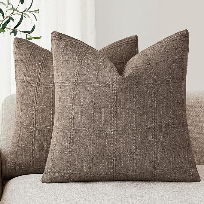 Foindtower Set of 2 Decorative Linen Check Throw Pillow Covers Neutral Farmhouse Vintage Cushion Covers Modern Boho Home Decor for Sofa Chair Couch Bedroom Living Room,16×16 Inch,Taupe Grey