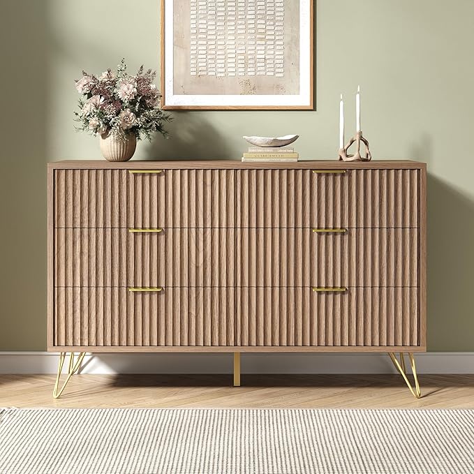 Fluted 6 Drawers Dresser for Bedroom, Wood Dressers with Scratch-Proof Golden Handles, Natural Curved Profile, Modern Double Chest for Living Room, Hallway, Entryway, Natural Oak