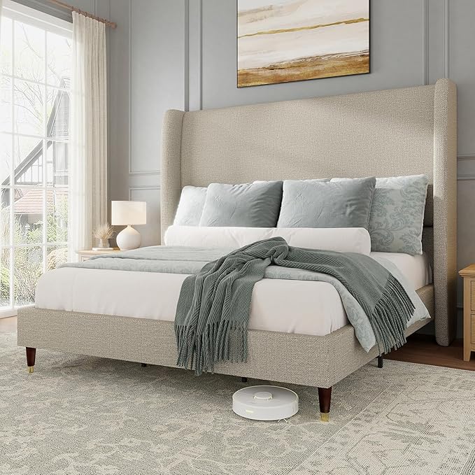 Jocisland Queen Size Bed Frame 51.2" Wingback Headboard Linen Upholstered Platform Bed with Solid Wood Legs & Wooden Slats, No Box Spring Needed, Modern Minimalist Style, Easy Assembly, Brown