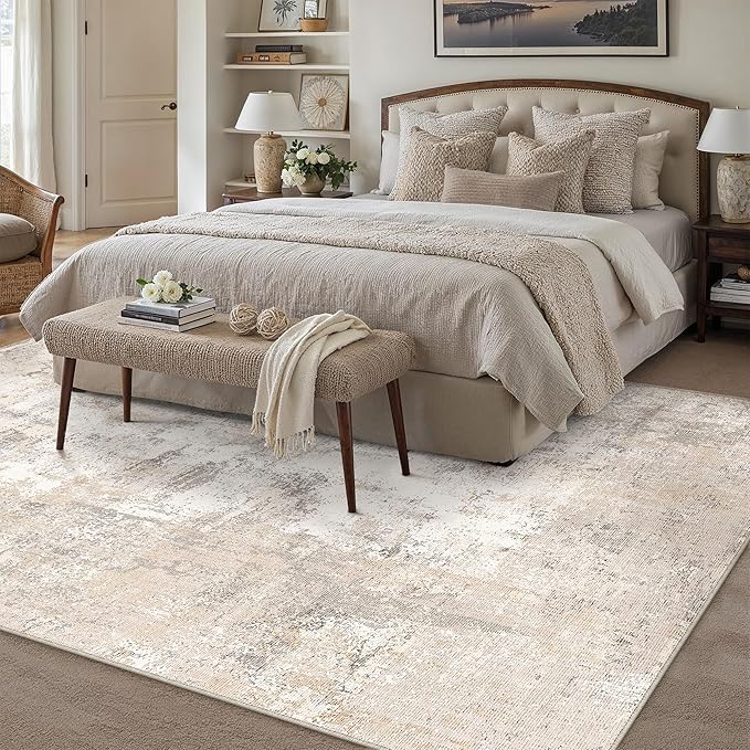 9x12 Washable Area Rug Beige Grey Abstract Non Slip Soft Medium Pile Rug for Living Room Bedroom Dining Room Office Neutral Modern Indoor Throw Carpet for Home Decor