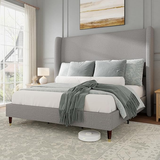 Jocisland Queen Size Bed Frame 51.2" Wingback Headboard Linen Upholstered Platform Bed with Solid Wood Legs & Wooden Slats, No Box Spring Needed, Modern Minimalist Style, Easy Assembly, Light Gray