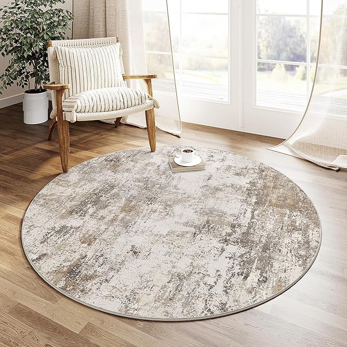 4x4 Washable Round Rug Brown Grey Abstract Non Slip Soft Low Pile Circle Rug for Dining Room Office Entryway Neutral Modern Indoor Carpet for Living Room Bedroom Home Decor