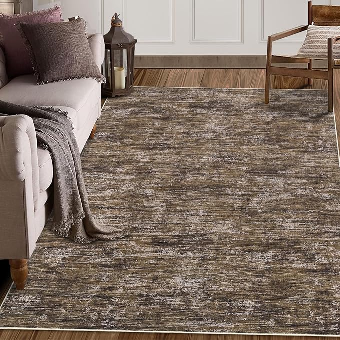 RUGSREAL Living Room Area Rug 9x12 Machine Washable Rug Non-Slip Stain Resistant Modern Abstract Bedroom Rug Contemporary Throw Floor Carpet for Dining Room Solid Area Rug for Home Office, Brown